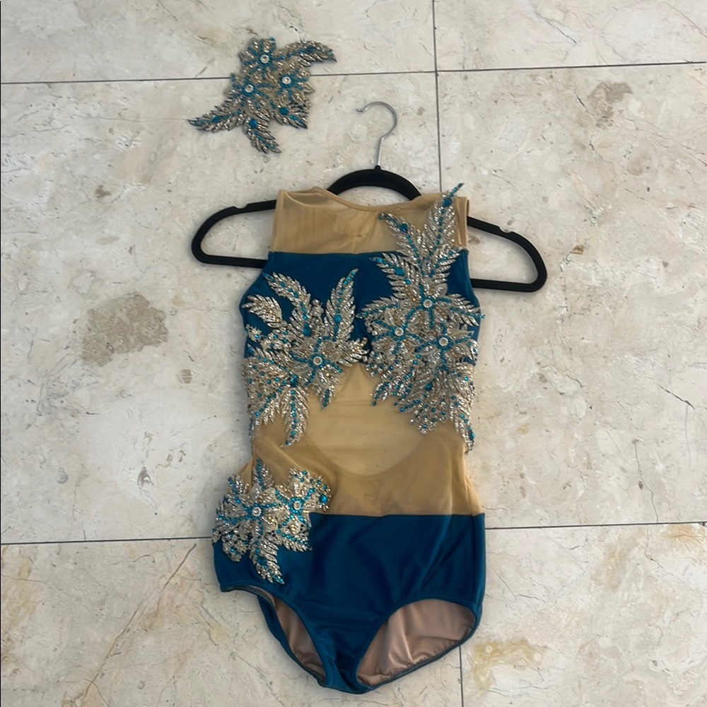 Dance Solo Costume Leotard & Hair Piece Gold & Blue Rhinestones
